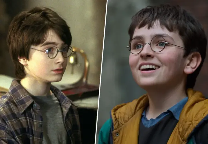 Dwa ujęcia młodego Harry'ego Pottera z serialu "Harry Potter". Po lewej Daniel Radcliffe w roli głównej, po prawej inny aktor wcielający się w postać.