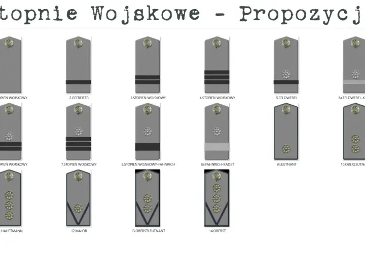Ilustracja przedstawia propozycje stopni wojskowych, od szeregowego po pułkownika, z widocznymi dystynkcjami.