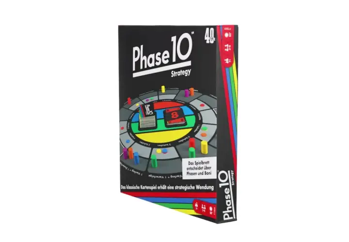 Pudełko gry planszowej "Phase 10 Strategy" z kolorową planszą i pionkami. Gra strategiczna, idealna na fazę 10 zabawy.