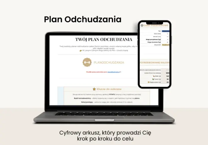 Cyfrowy arkusz "Plan Odchudzania" pomoże Ci zacząć odchudzanie. Zawiera dane podstawowe, zapotrzebowanie kaloryczne i klucze do sukcesu.