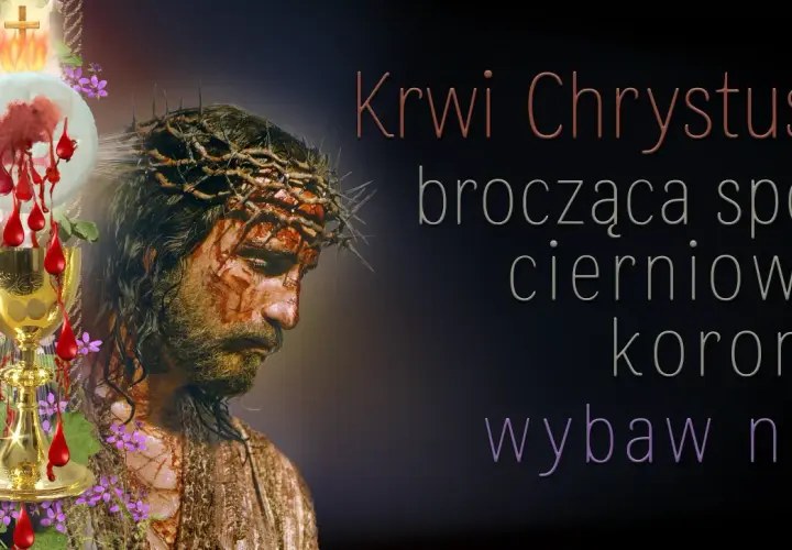 Jezus w koronie cierniowej, z kielichem i hostią. Krwi Chrystusa, brocząca spod cierniowej korony, wybaw nas. Pycha kroczy przed upadkiem.