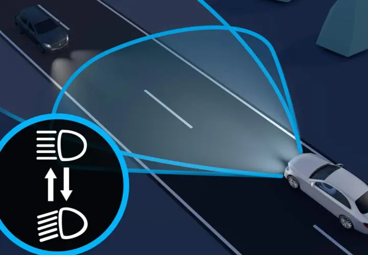 Inteligentne światła drogowe, inaczej światła długie, automatycznie dostosowują swój zasięg. Widok nocnej drogi z dwoma samochodami i ikoną świateł.