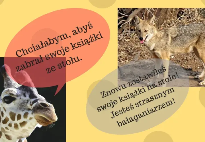 Żyrafa prosi szakala, by zabrał książki ze stołu, bo jest bałaganiarzem.