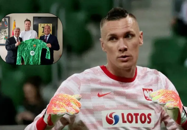 Wojciech Szczęsny, jeden z bramkarzy reprezentacji Polski, w zielonej koszulce. W tle trzej mężczyźni prezentują zieloną koszulkę.