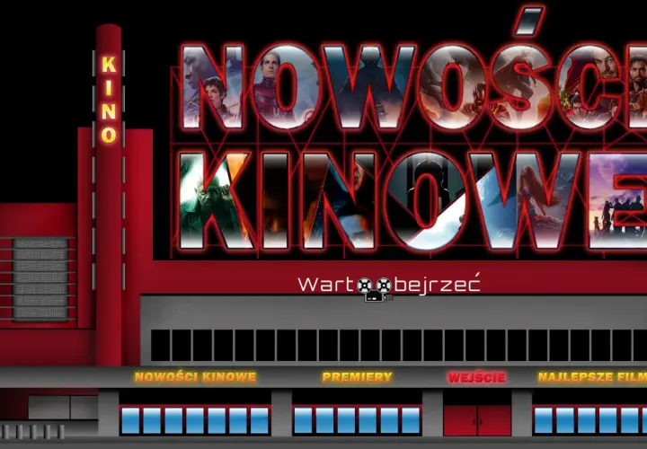 Neonowy szyld kina zapowiada "Nowości Kinowe", sugerując premiery filmów 2026. Warto obejrzeć!