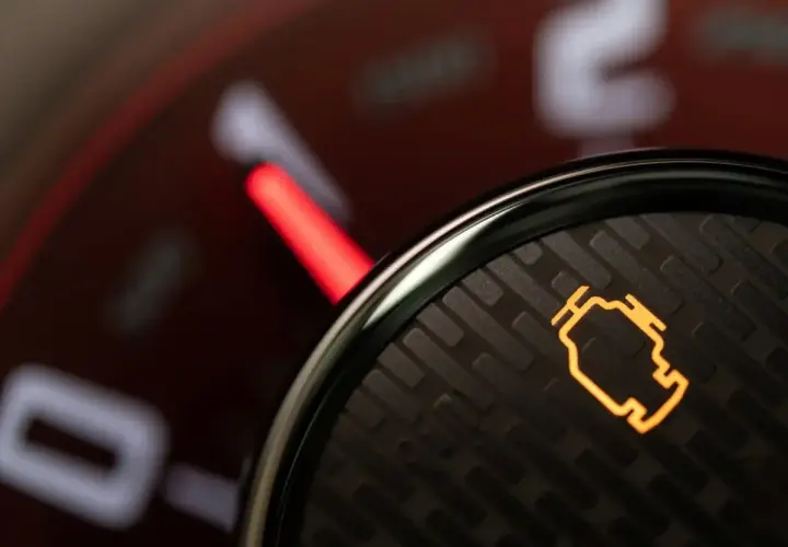 Pomarańczowa kontrolka "check engine" świeci się na desce rozdzielczej, sugerując problem ze **słabym paliwem** lub inną usterkę silnika.