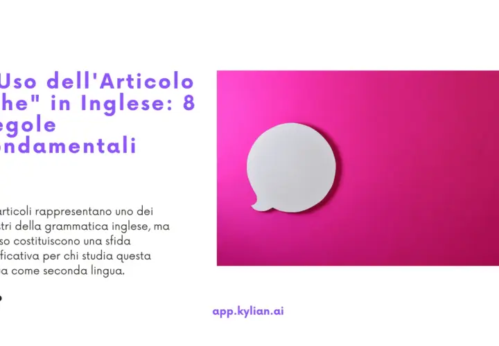 Il titolo "L'Uso dell'Articolo 'The' in Inglese" su sfondo rosa, con una nuvoletta bianca che simboleggia la comunicazione.