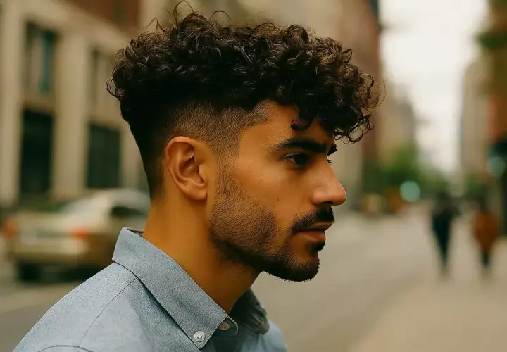 Un homme au **court cheveux bouclés** arbore un style moderne avec un dégradé impeccable. Il porte une chemise bleue claire.