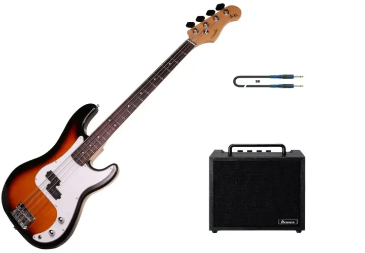 Zestaw gitara basowa, wzmacniacz Ibanez i kabel 3M. Idealny dla początkujących muzyków.