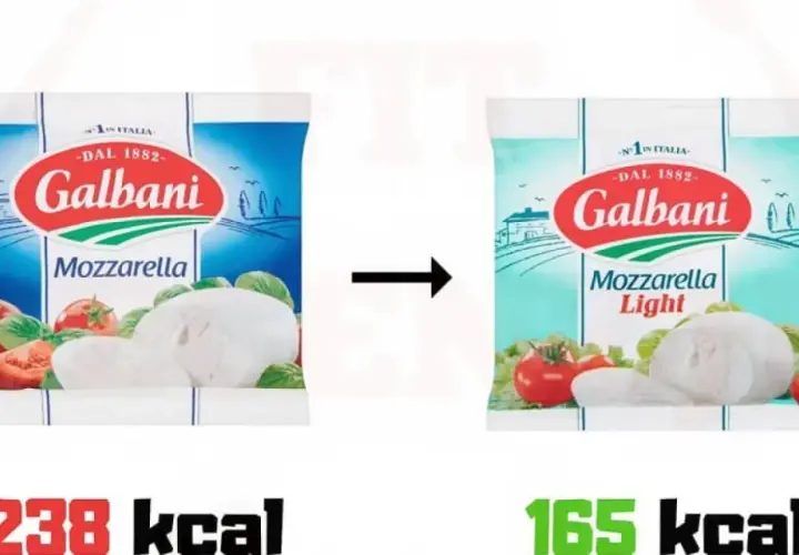 Porównanie opakowań mozzarelli Galbani: zwykła (238 kcal) i light (165 kcal). Czy mozzarella light jest zdrowa? Tak, ma mniej kalorii.