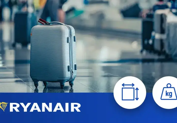 Szara walizka kabinowa Ryanair na lotnisku, gotowa do podróży. Ikony wskazują wymiary i wagę bagażu.
