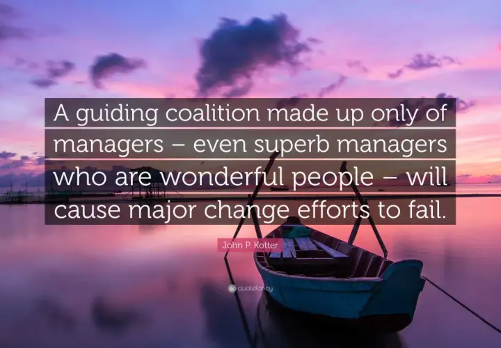 A guiding coalition needs more than just managers to succeed. This quote highlights the importance of diverse leadership for change.