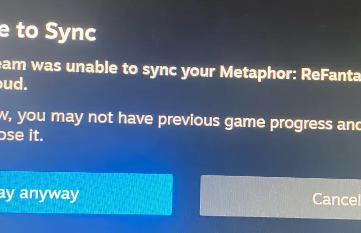 Ostrzeżenie: Steam nie mógł zsynchronizować zapisów gry Metaphor: ReFantazio z chmurą Steam. Może to oznaczać utratę postępów.