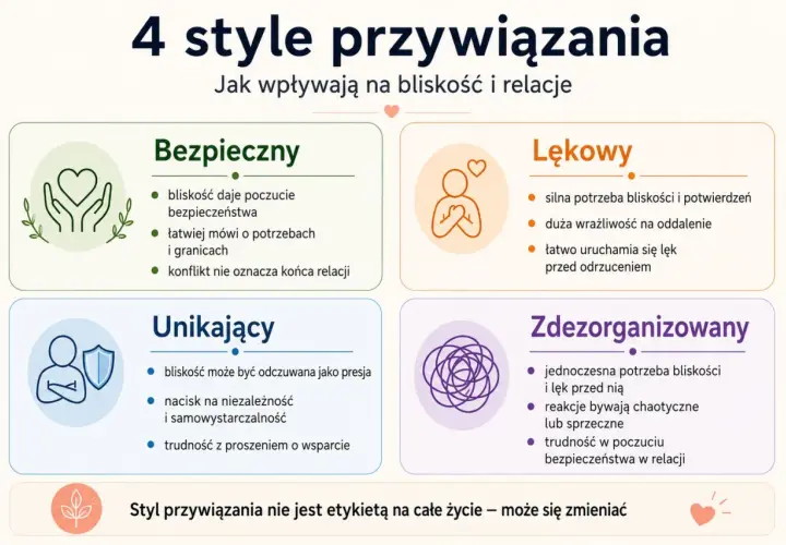 4 style przywiązania: bezpieczny, lękowy, unikający, zdezorganizowany. Pozabezpieczny styl przywiązania wpływa na bliskość i relacje.