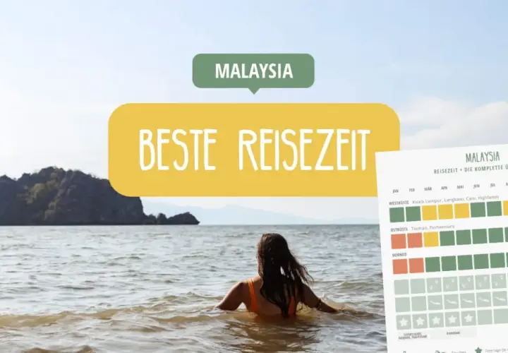 Frau im Meer blickt auf Insel. Über ihr steht "MALAYSIA" und "BESTE REISEZEIT". Rechts eine Übersicht zur Reisezeit.