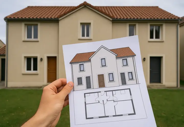 Plan pour diviser une maison en 2 maisons mitoyennes. La photo montre un plan architectural et une maison existante.