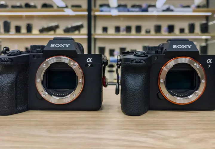 Dwa aparaty Sony Alpha 7 na drewnianym blacie, gotowe do testów.