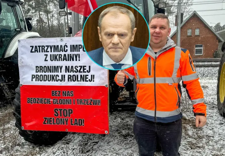 Tusk w moragu protestu rolników. Transparent "STOP Zielony Ład!" i zdjęcie Donalda Tuska.