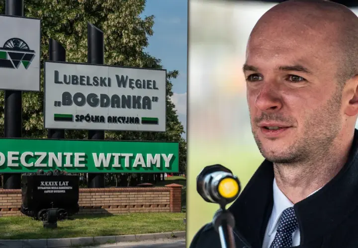 Znak kopalni "Bogdanka" i mężczyzna przy mikrofonie. Czy to on decyduje, ile kopalni zamknął po?