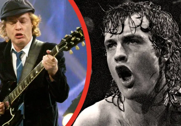 Dwóch wokalistów AC/DC: Angus Young gra na gitarze, a obok niego w zbliżeniu Brian Johnson krzyczy do mikrofonu.