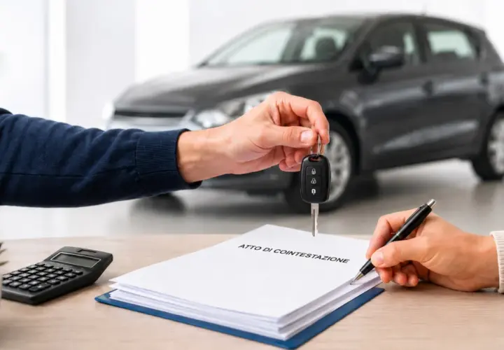 Passaggio di chiavi per un'auto cointestata. Una mano porge le chiavi, mentre un'altra firma l'atto di cointestazione su un tavolo con calcolatrice e pianta.