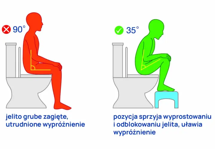 Prawidłowa pozycja do defekacji: 35° ułatwia wypróżnienie, 90° utrudnia.