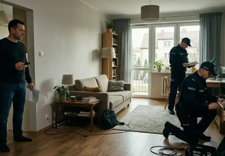 Kiedy policja przychodzi do domu, funkcjonariusze przeszukują szuflady, a mężczyzna z dokumentami czeka.