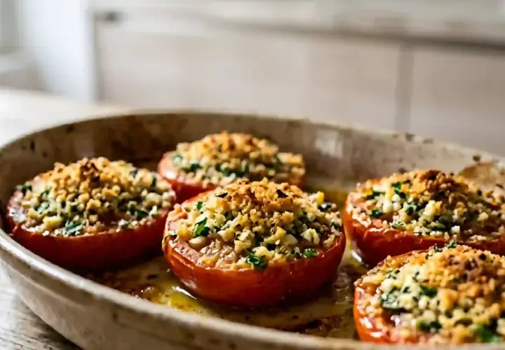 Tomates provençales grand-mère, garnies d'une chapelure dorée et d'herbes fraîches, dans un plat de cuisson. Un délice qui rappelle les saveurs d'antan.