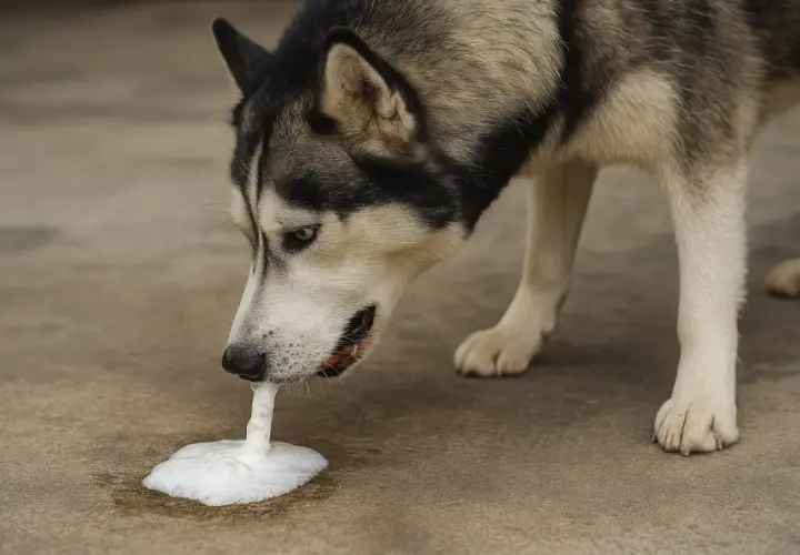 Siberian husky pies wymiotuje pianą na beton.