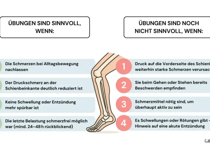 Schmerzen im vorderen Schienbein? Übungen sind sinnvoll, wenn Schmerz nachlässt. Nicht sinnvoll, wenn Druck weiterhin starke Schmerzen verursacht.