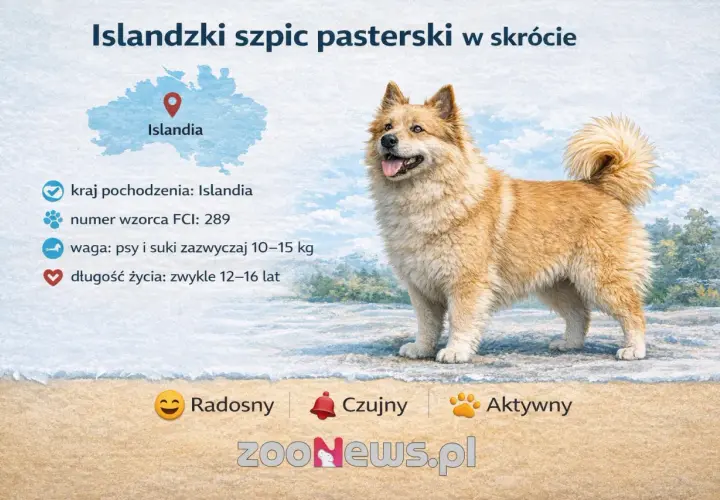 Radosny islandzki szpic pasterski, pies pasterski z Islandii, czujny i aktywny.