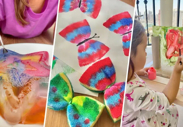 Niñas disfrutan de manualidades con pintura: pintan una estrella de hielo, mariposas con esponjas y un cuadro con rollos de papel.