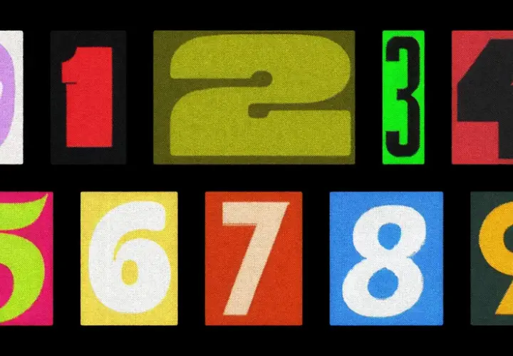 Numeri da 0 a 9 su sfondo nero. Il 9 è giallo su verde scuro. Come si dice 99 in inglese? Ninety-nine.