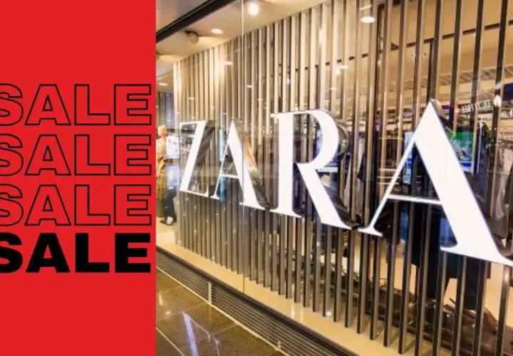 Kiedy promocje w Zarze! Duże napisy "SALE" na czerwonym tle obok witryny sklepu z logo ZARA.