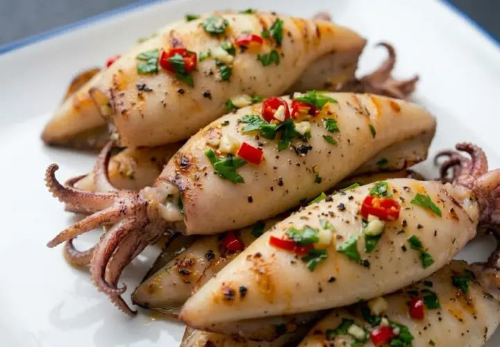 Calamari alla griglia succulenti, conditi con aglio, peperoncino e prezzemolo fresco, pronti per essere gustati.