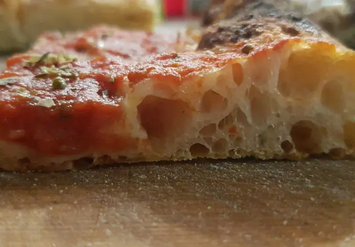 Fetta di pizza con pomodoro e erbe, la sua alveolatura mostra una perfetta pizza lievitazione 24 ore.