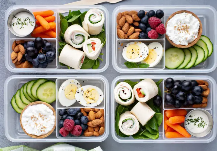 These bento boxes are healthy, packed with protein from eggs and almonds, fiber from fruits and veggies, and lean protein from wraps.