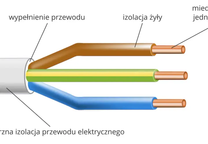 Przekrój kabla elektrycznego: miedziane żyły jednodrutowe, izolacja żyły, wypełnienie przewodu i zewnętrzna izolacja przewodu elektrycznego, która co izoluje prąd.