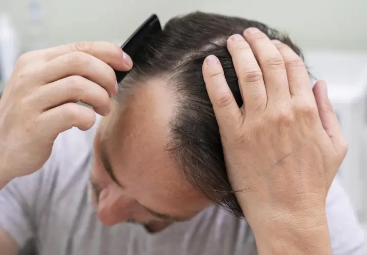 Hombre revisando su cabeza, preocupado por la caída de cabello.