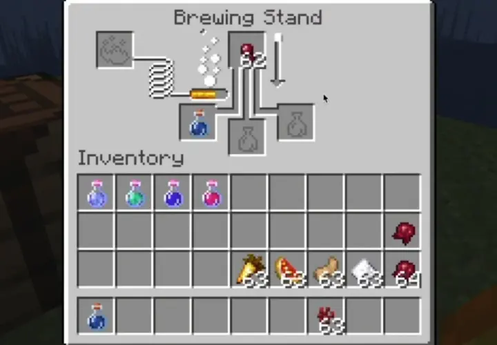 W ekwipunku gracza Minecraft widać sfermentowane oko pająka, gotowe do użycia w stoisku alchemicznym.