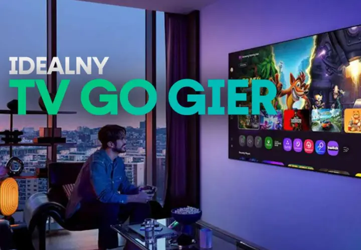 Idealny TV do gier z adaptive sync. Mężczyzna gra w gry na dużym ekranie w nowoczesnym salonie.