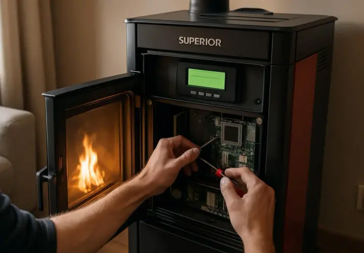 Mainteneur travaillant sur la carte mère d'un poêle à granulés, peut-être pour résoudre un code erreur poêle à granulés. Flammes visibles dans le foyer.
