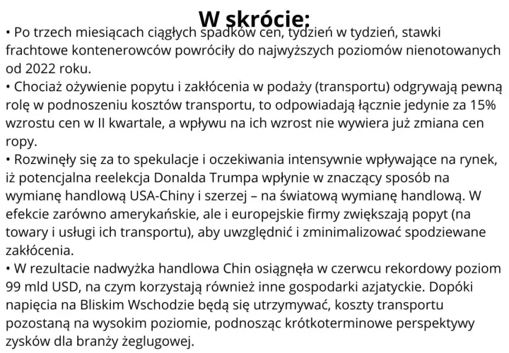 Stawki frachtowe kontenerowców rosną, wpływając na koszty transportu. Spekulacje i napięcia geopolityczne podnoszą perspektywy zysków dla żeglugi.