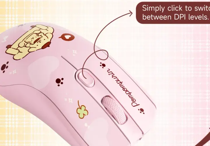 Souris rose Pompompurin avec un bouton pour le réglage de la souris.
