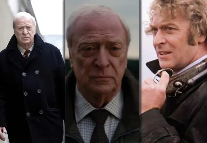 Triptyk med Michael Caine i olika roller. Från vänster: en äldre Caine i mörk rock, en närbild på hans ansikte, och en yngre Caine med ett gevär.