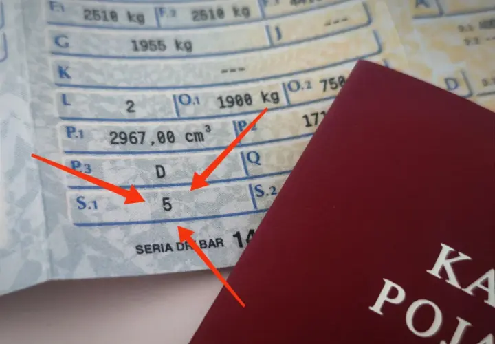 Dowód rejestracyjny z zaznaczonym polem S.1, wskazującym liczbę miejsc siedzących: 5.