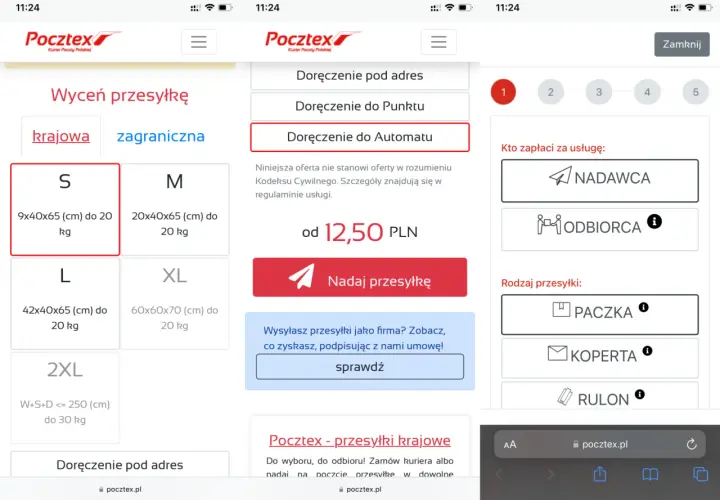 Na stronie Pocztex.pl sprawdzam, czy pocztex dostarcza w soboty. Wybieram opcję "Doręczenie do Automatu" dla przesyłki krajowej.