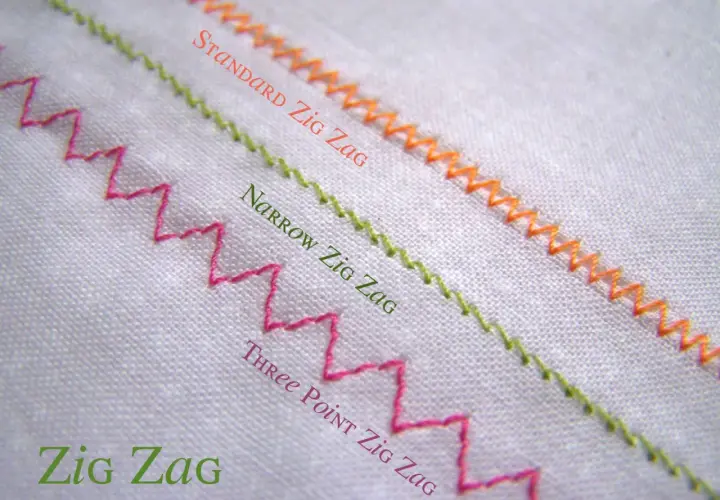 Three types of zig zag stitch shown on white fabric: standard, narrow, and three-point.