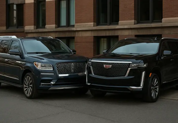 Dwa luksusowe SUV-y, granatowy Lincoln Navigator i czarny Cadillac Escalade, stoją obok siebie na tle ceglanego budynku.