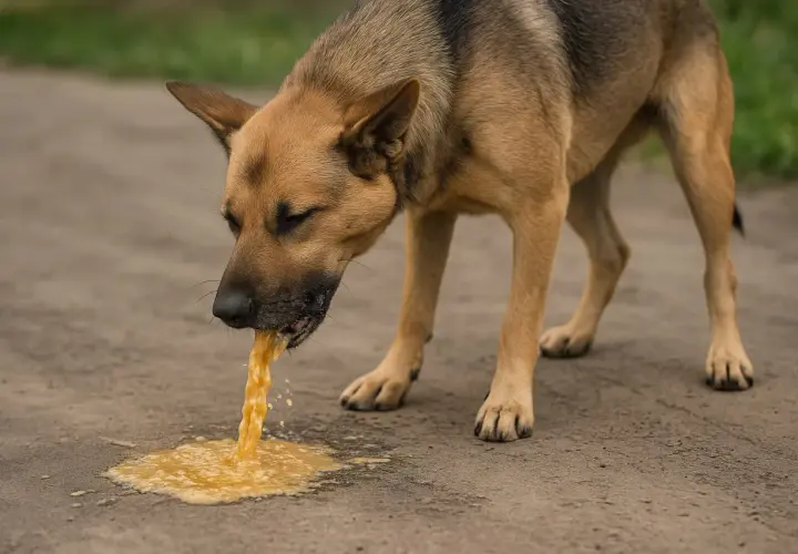 Smutny pies wymiotuje żółtą cieczą. Wygląda na to, że pies wymiotuje krwią, co jest niepokojącym objawem.